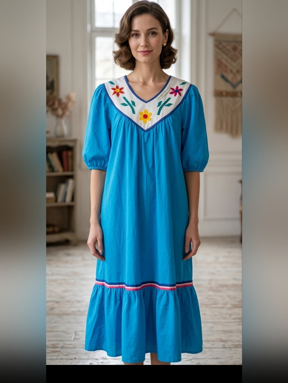 Vintage Chandni Dress Blue Embroidered Floral Puffed Sleeve 1980s